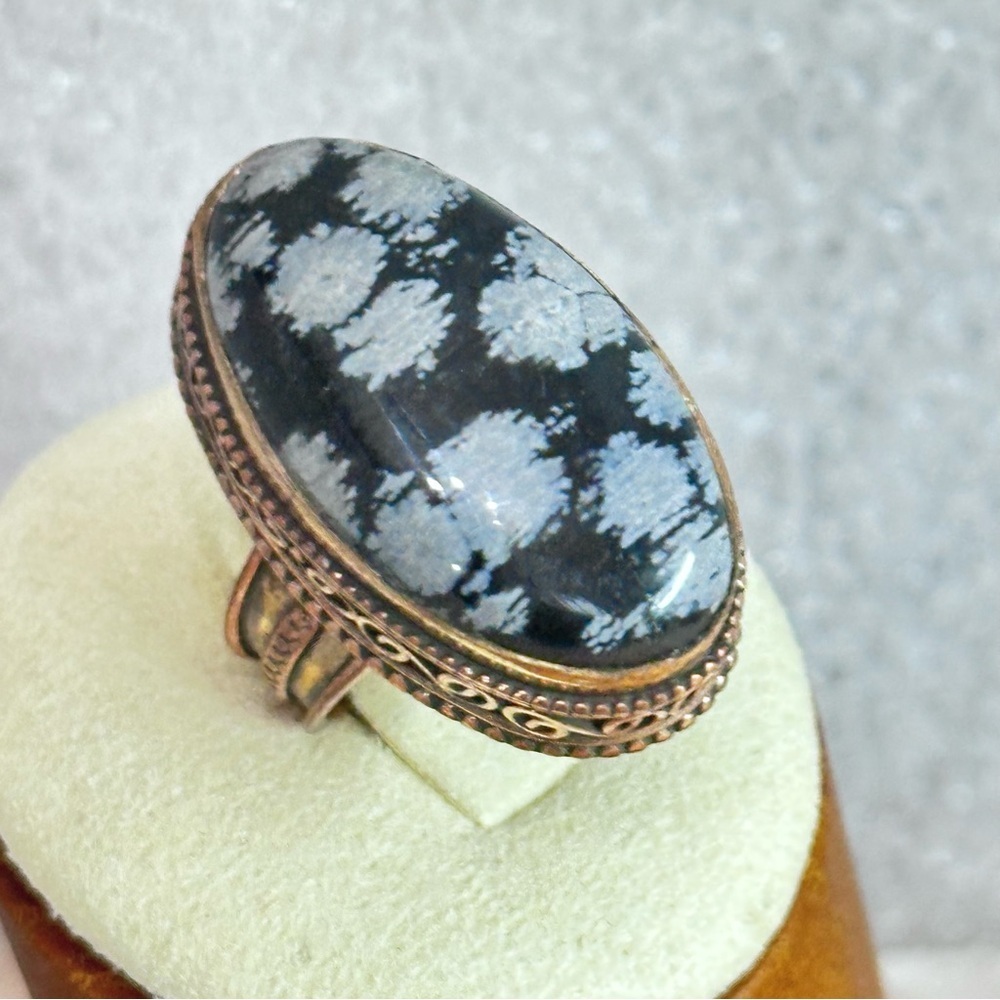 Hand Crafted Artisan Black and White Snowflake Obsidian Ring Copper-Tone Band 7